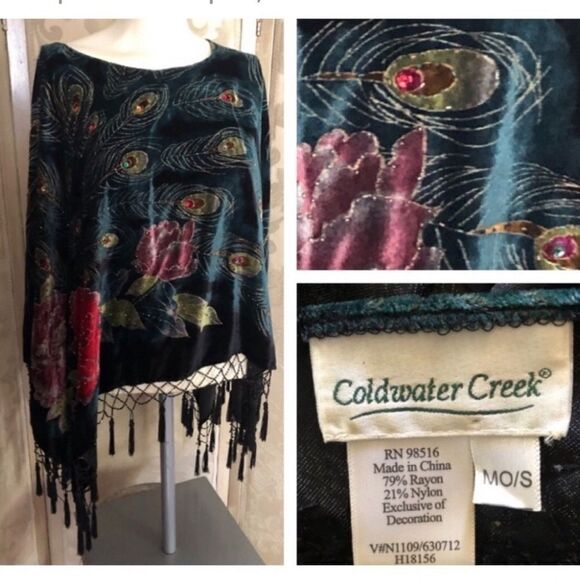 Coldwater Creek peacock poncho velvety with fringe excellent like new condition - Picture 2 of 15